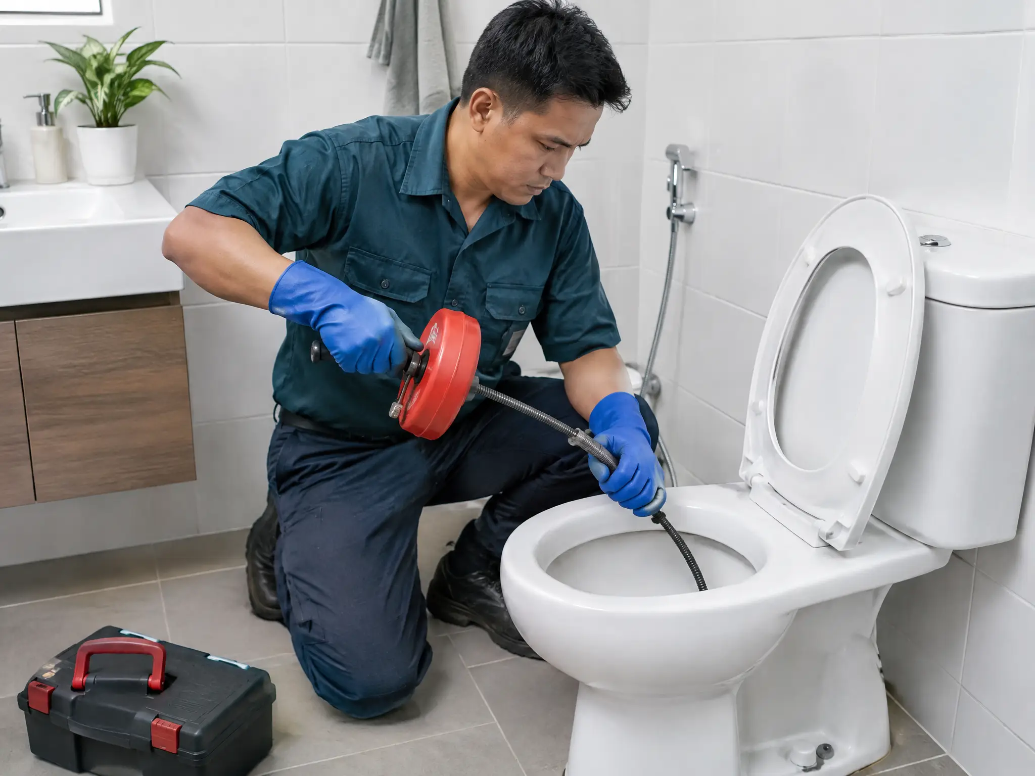 Tubero na gumagamit ng toilet auger para alisin ang bara sa inidoro