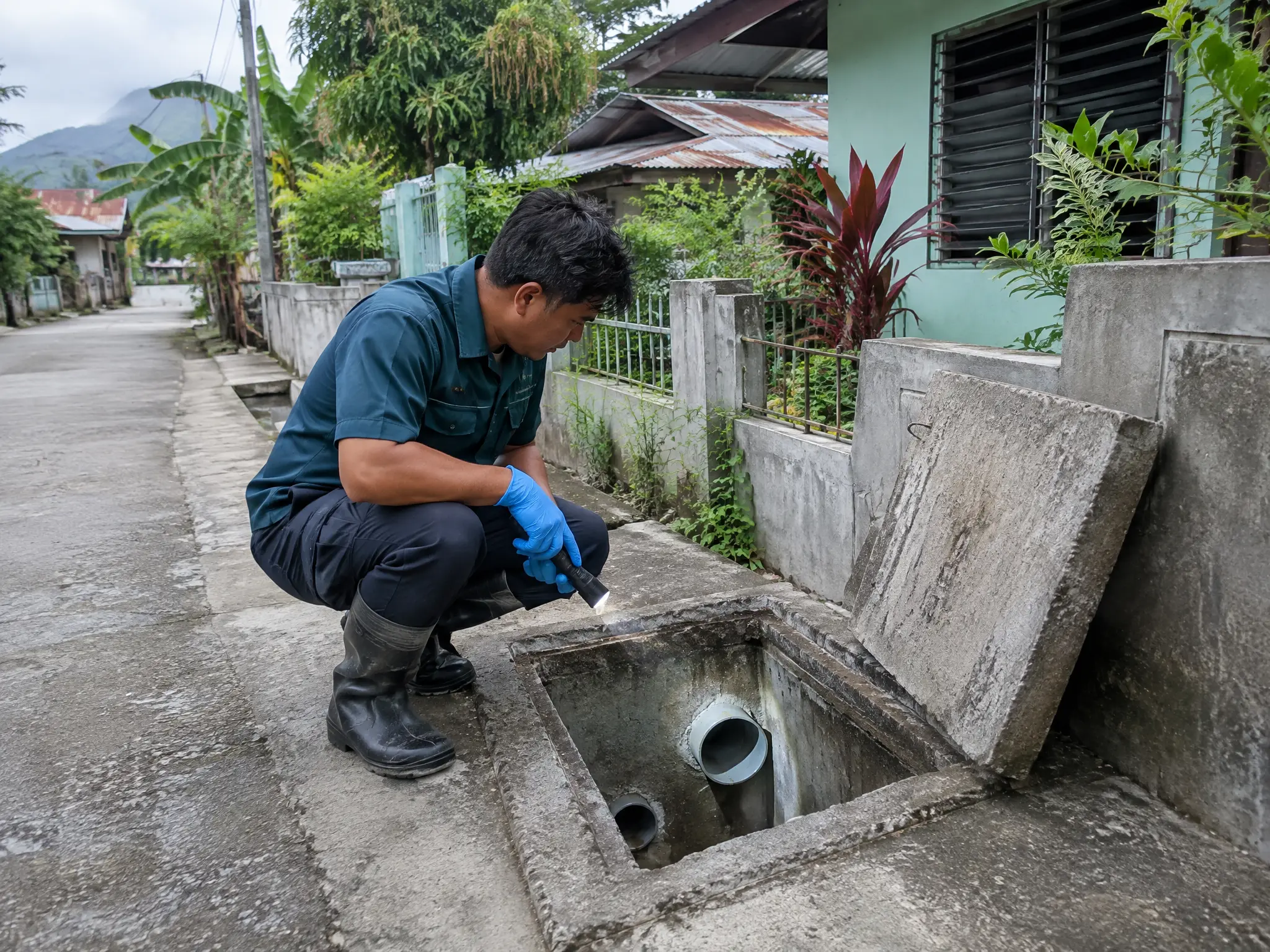 Manggagawa na sinusuri gamit ang flashlight ang bukas na drainage box sa gilid ng bahay