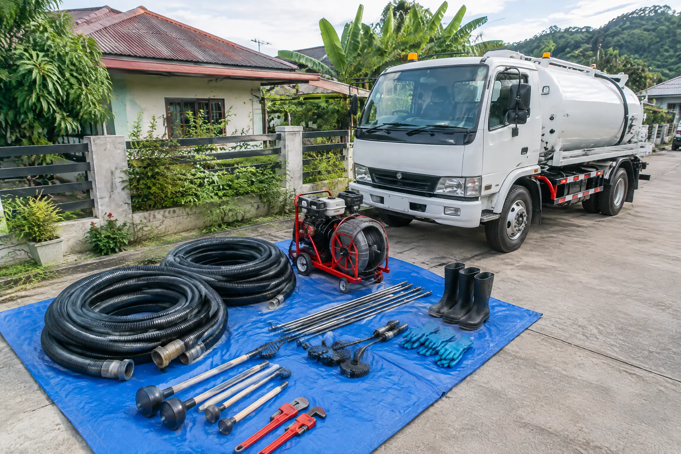 Maayos na nakahanay na hose, drain cleaning machine at iba pang kagamitan sa tabi ng vacuum truck