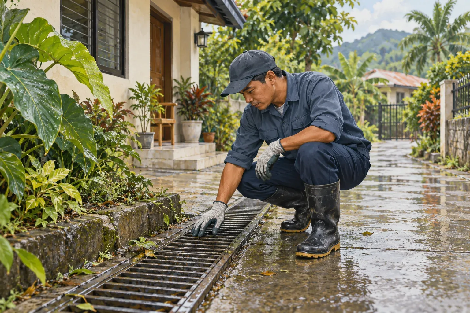 Ilustrasyon ng technician na sumusuri sa outdoor grated drain pagkatapos ng ulan