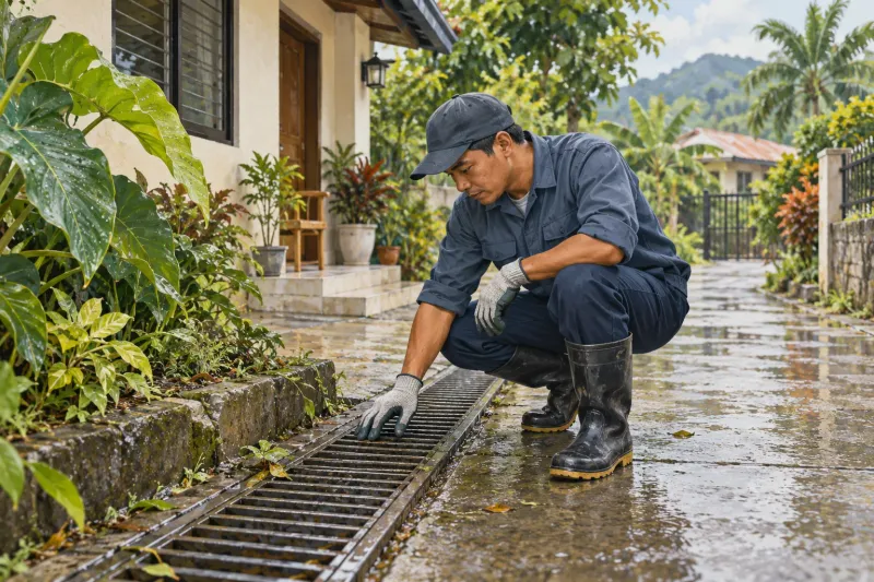 Ilustrasyon ng technician na sumusuri sa outdoor grated drain pagkatapos ng ulan