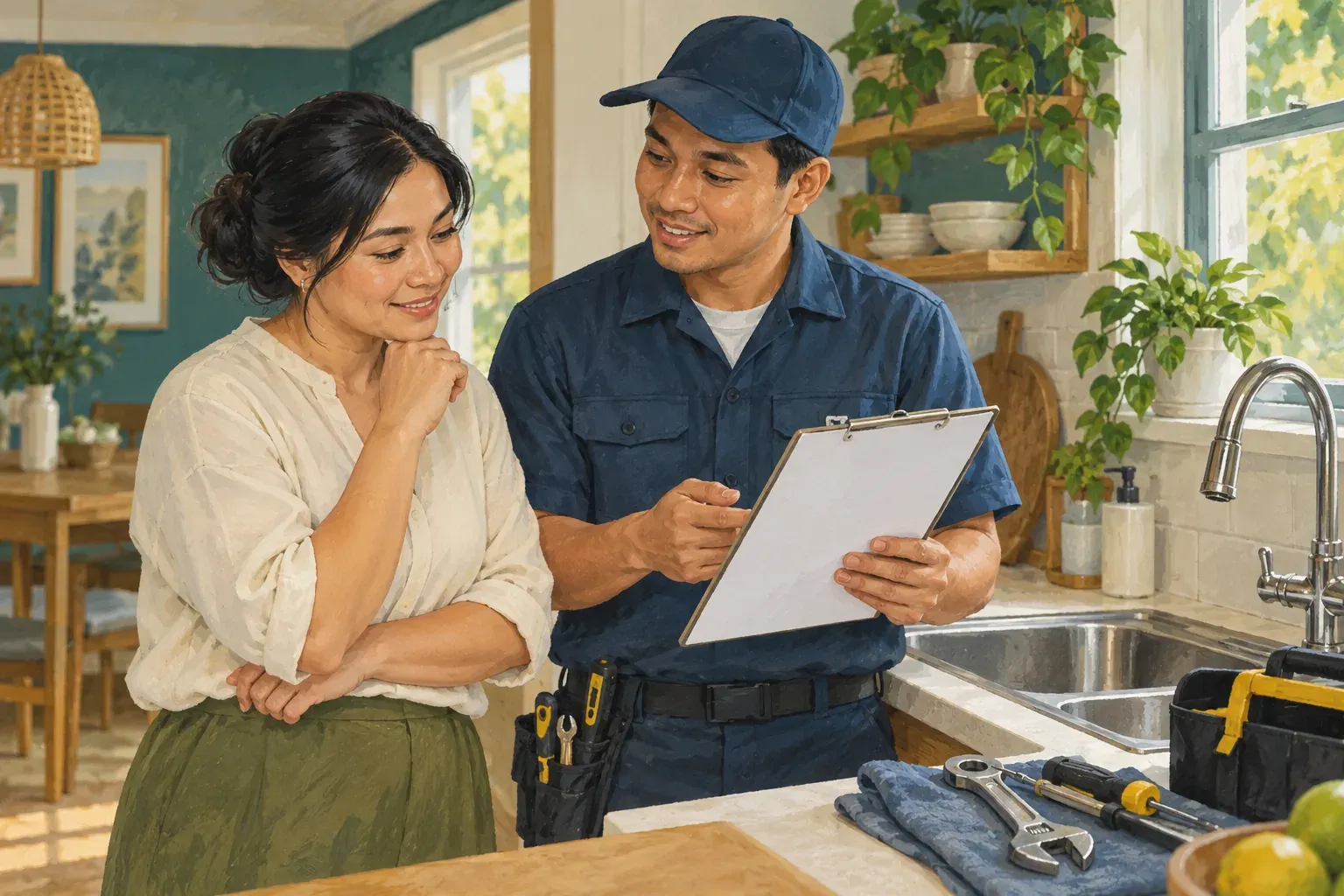 Ilustrasyon ng may-ari ng bahay at technician na nag-uusap tungkol sa gagawing plumbing service