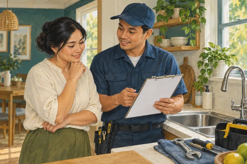 Ilustrasyon ng may-ari ng bahay at technician na nag-uusap tungkol sa gagawing plumbing service