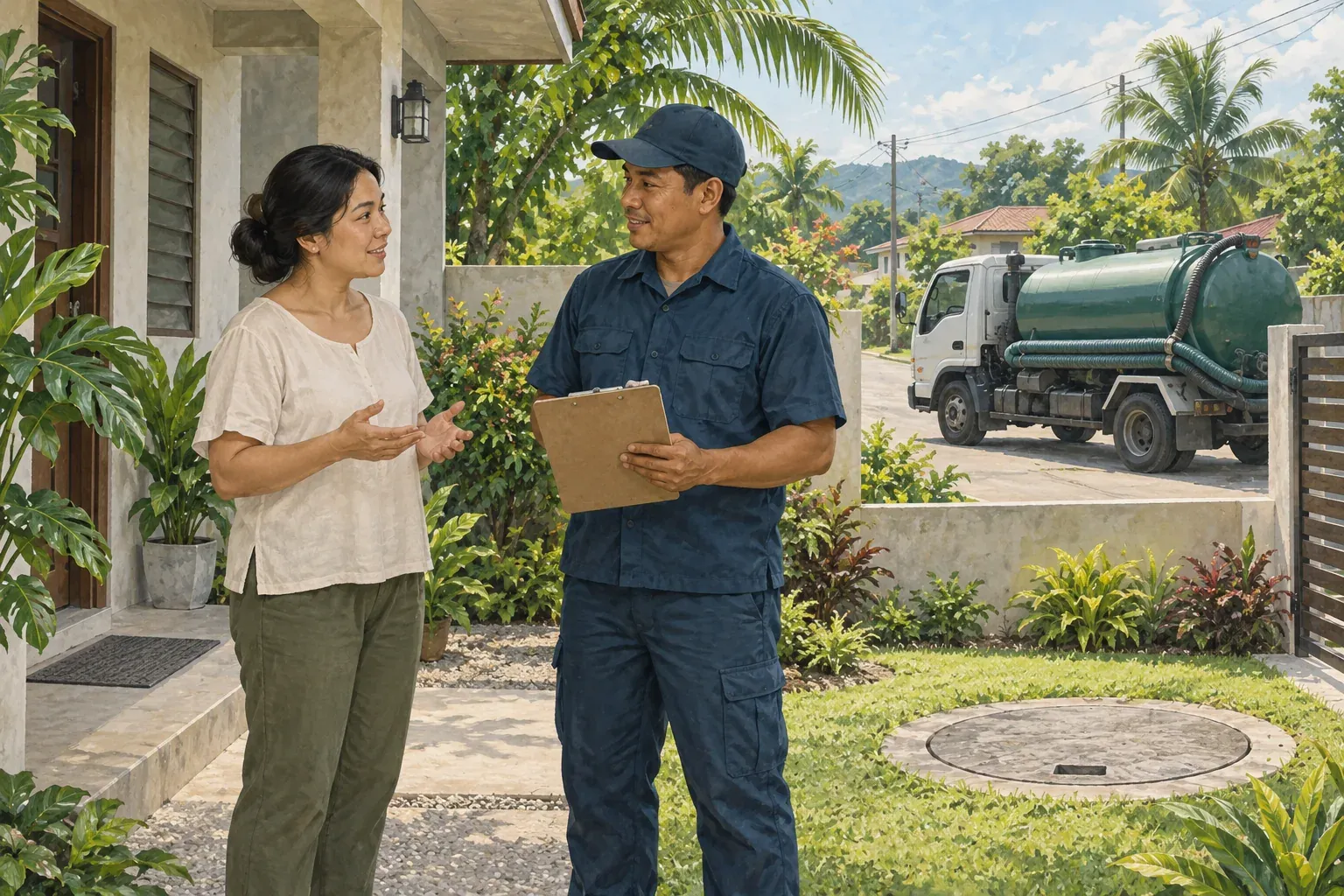 Ilustrasyon ng may-ari ng bahay na nakikipag-usap sa technician, may vacuum truck sa labas