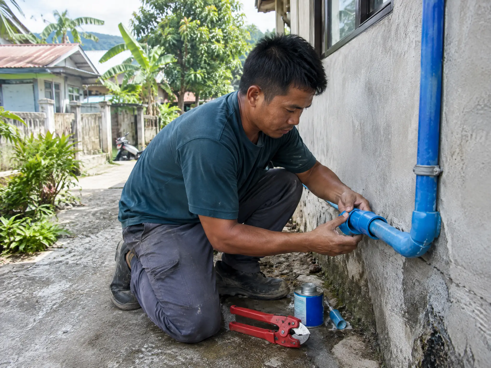 Tubero na nagkakabit ng bagong coupling sa asul na PVC na tubo sa gilid ng bahay
