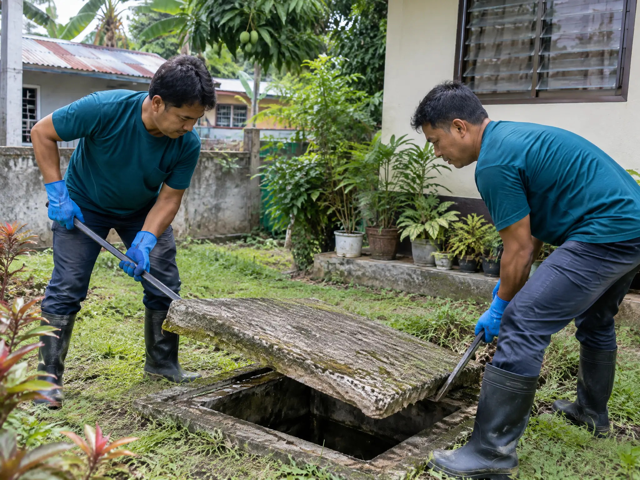 Dalawang manggagawa na maingat na binubuksan ang konkretong takip ng pozo negro