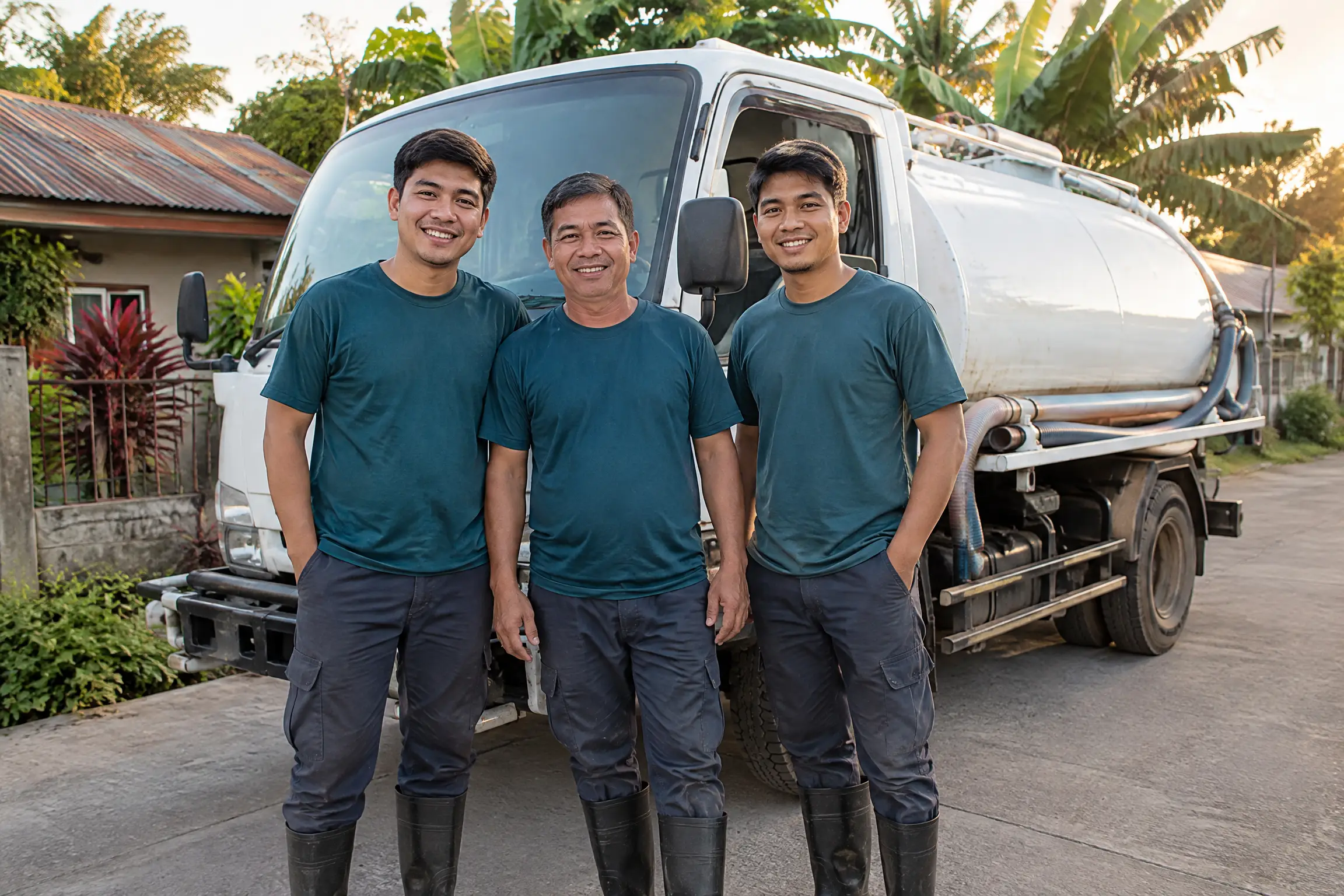 Tatlong nakangiting manggagawa na naka-teal na uniporme sa harap ng vacuum truck