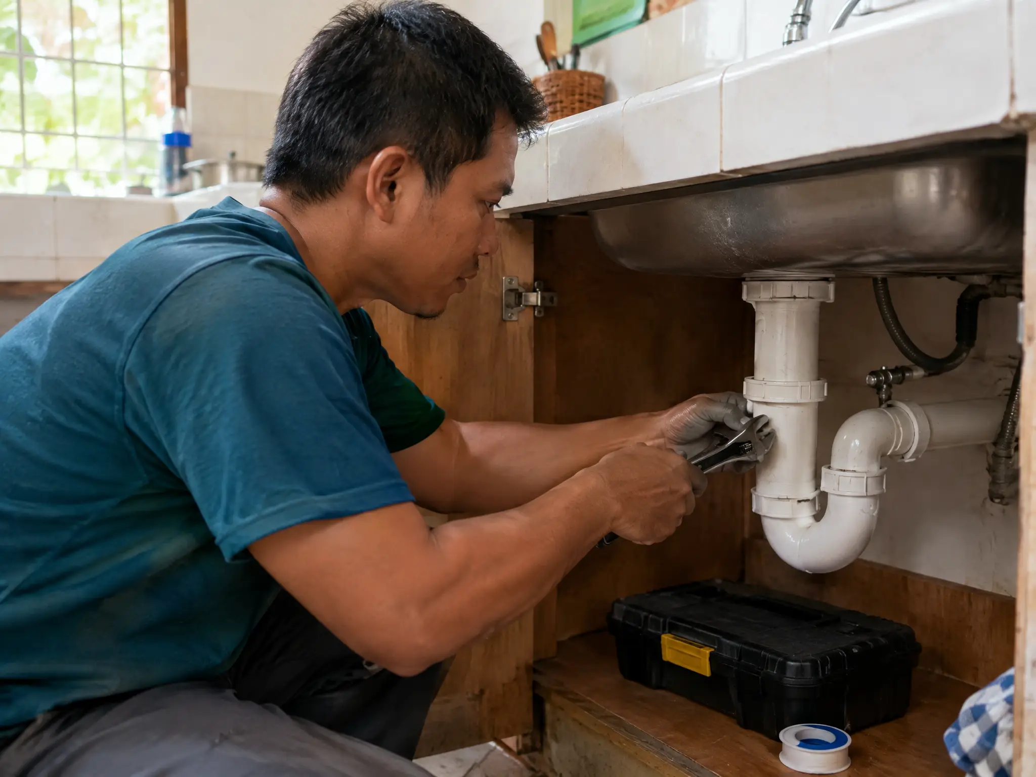 Tubero na humihigpit ng PVC na tubo sa ilalim ng lababo gamit ang wrench