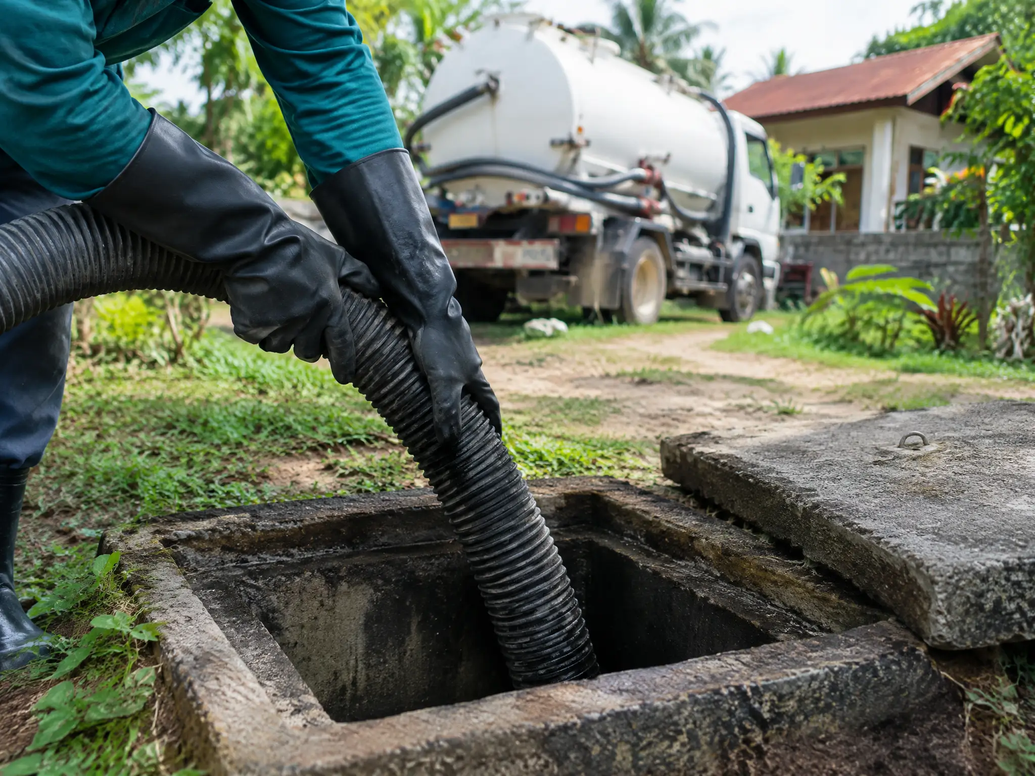 Ipinapasok ang makapal na hose ng vacuum truck sa bukas na pozo negro sa likod-bahay