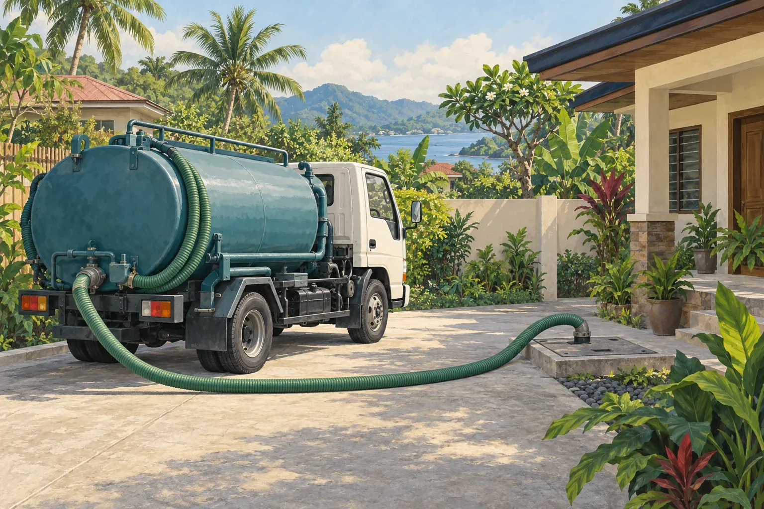 Ilustrasyon ng vacuum truck at hose sa maluwag na bakuran ng isang bahay