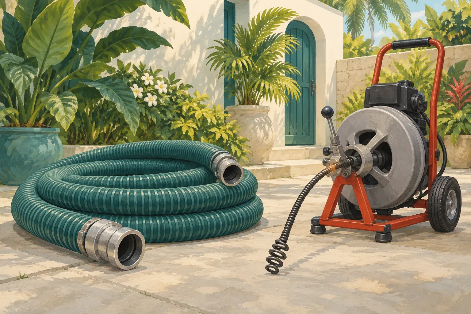 Ilustrasyon ng malaking suction hose at drain auger bilang magkaibang kagamitan