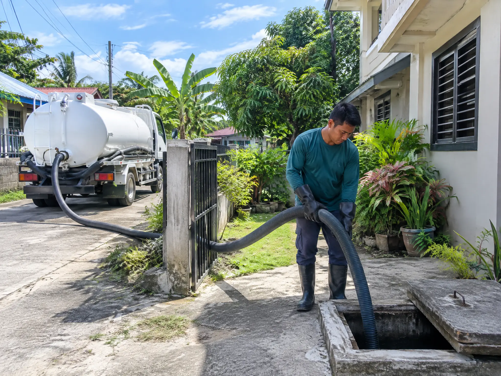 Manggagawa na ipinapasok ang hose ng vacuum truck sa pozo negro ng isang bahay sa Batangas