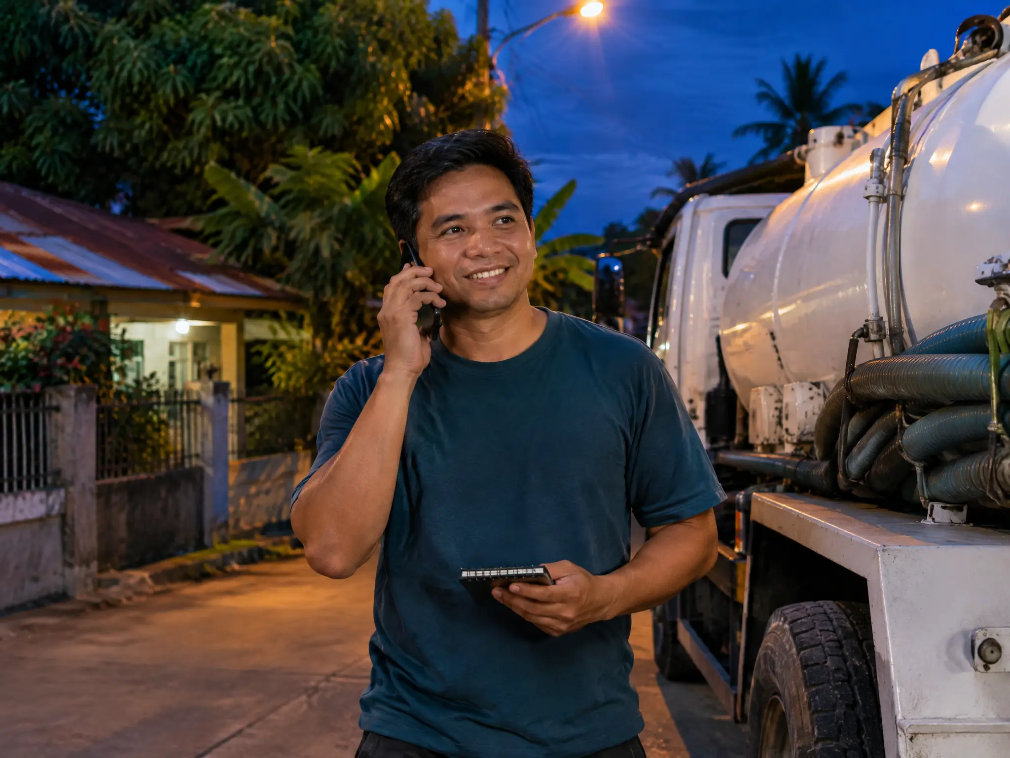 Nakangiting manggagawa na sumasagot ng tawag sa cellphone sa tabi ng vacuum truck sa gabi