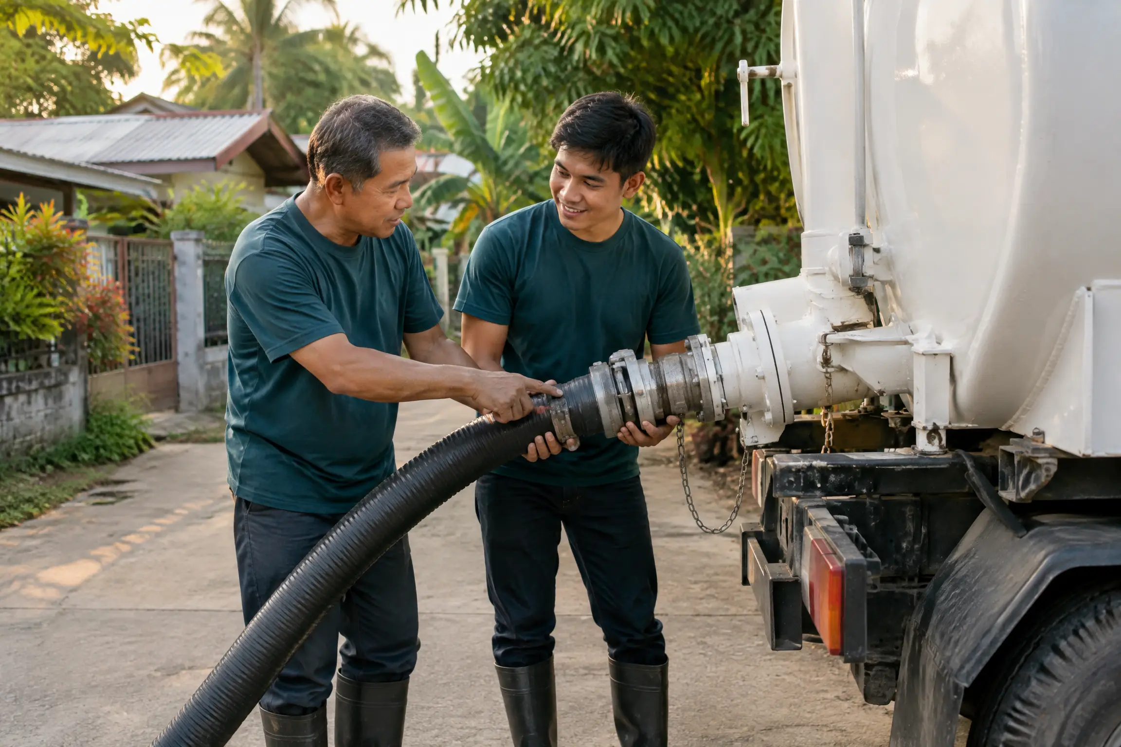 Mag-ama na naka-teal na uniporme na magkasamang nagkakabit ng hose sa vacuum truck