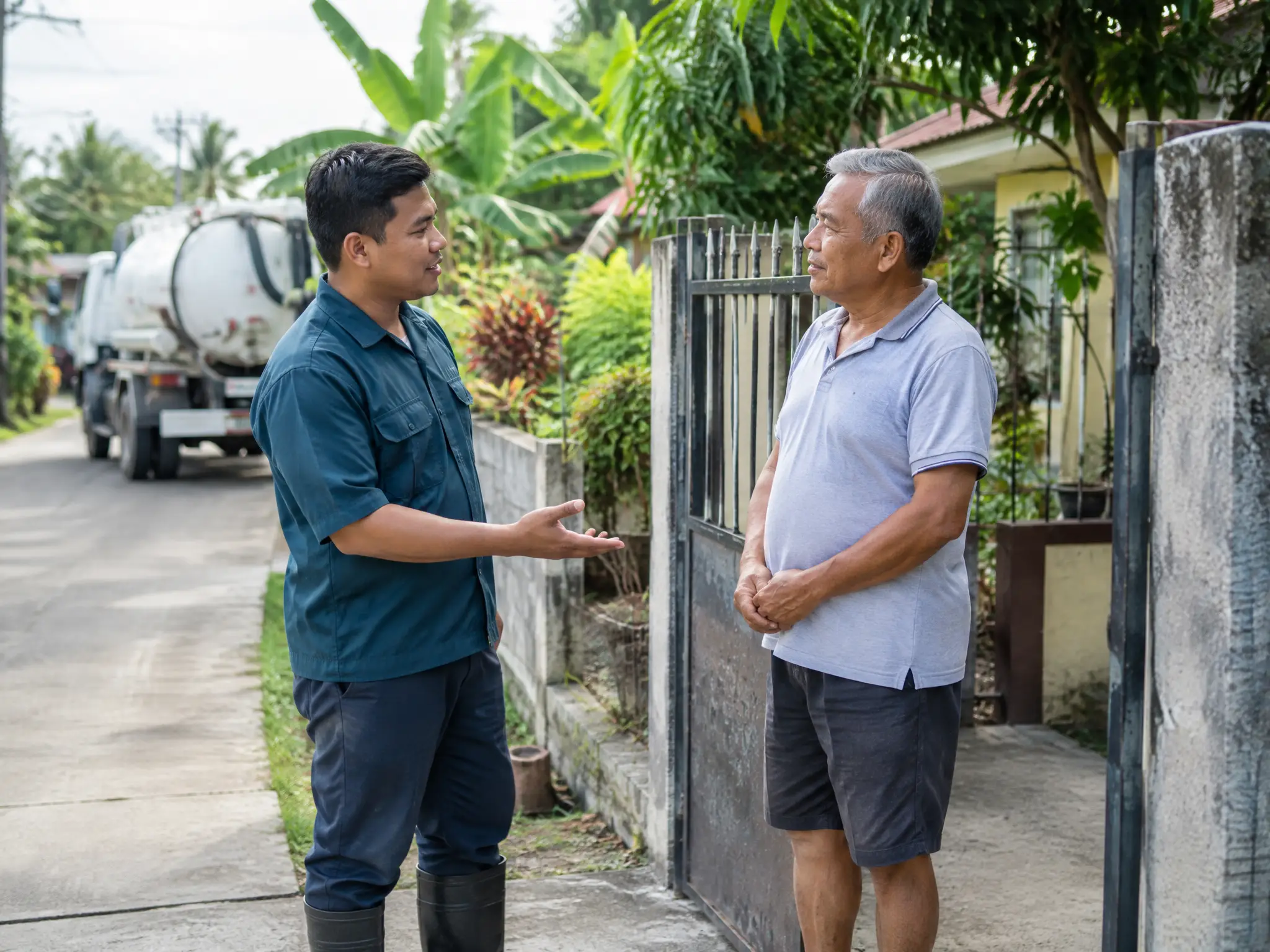 Manggagawa na nakikipag-usap nang maayos sa may-ari ng bahay sa tapat ng gate