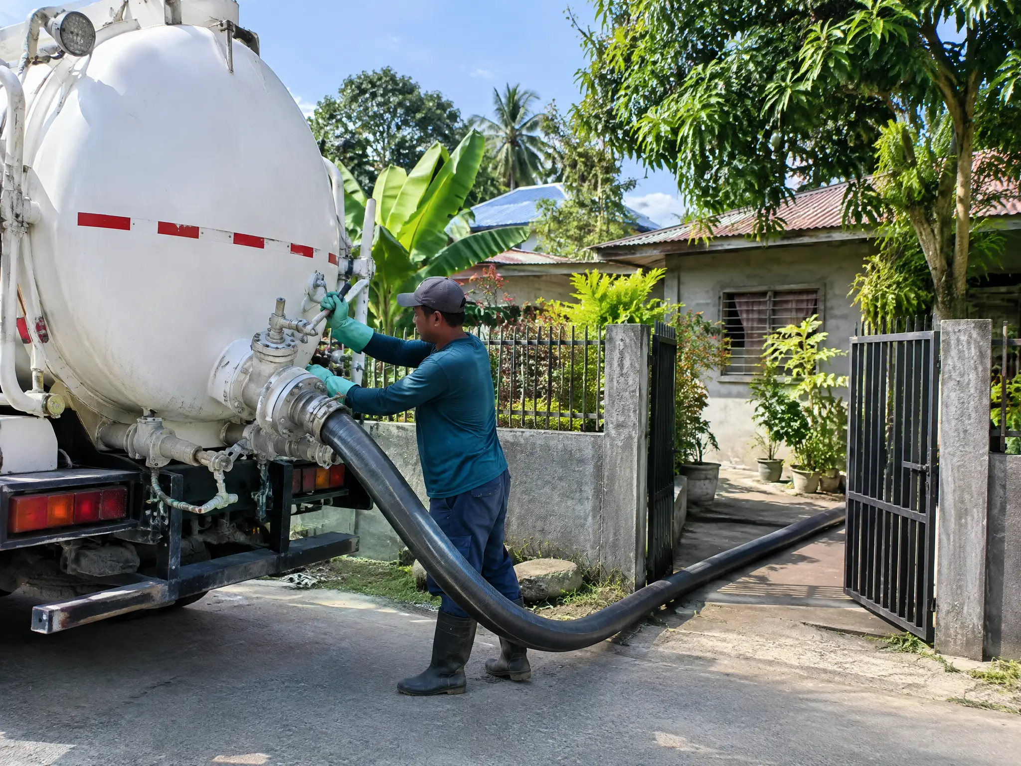 Manggagawa sa likod ng vacuum truck na binubuksan ang balbula bago sipsipin ang pozo negro
